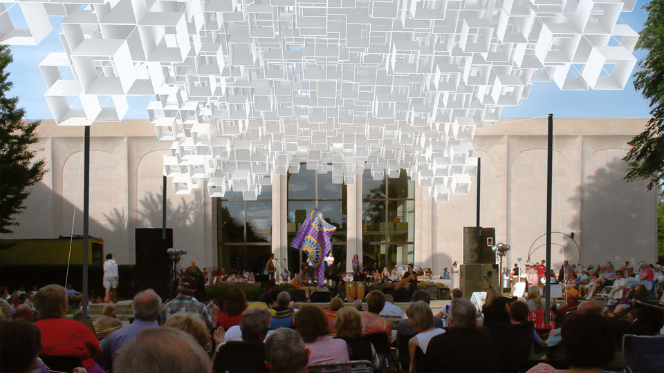 Jazz in June organizers are working with architecture students to develop a canopy for Jazz in June concerts. The concept for the 2019 season, shown here, will feature some 2,000 box kites suspended over the stage and VIP seating area.