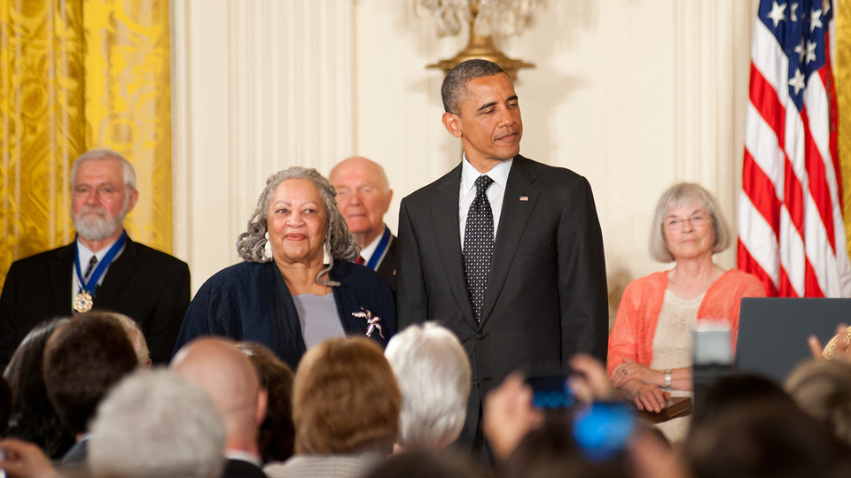 Novelist Toni Morrison stands next to Barack Obama during a Presidential Medal of Freedom ceremony at the White House on May 29, 2012. A documentary on Morrison's career plays Sept. 20-26 at the Ross.