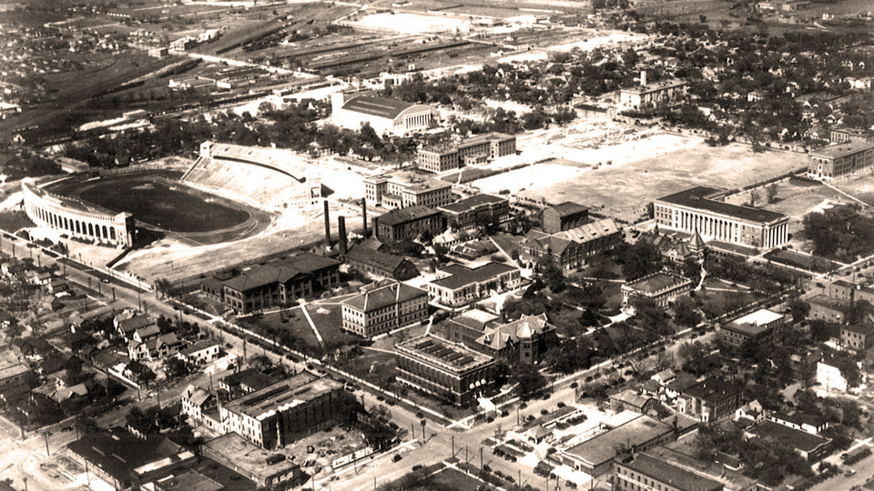 This aerial photo (circa-1926) shows the University of Nebraska as growth carried it outside of the original core of four city blocks.