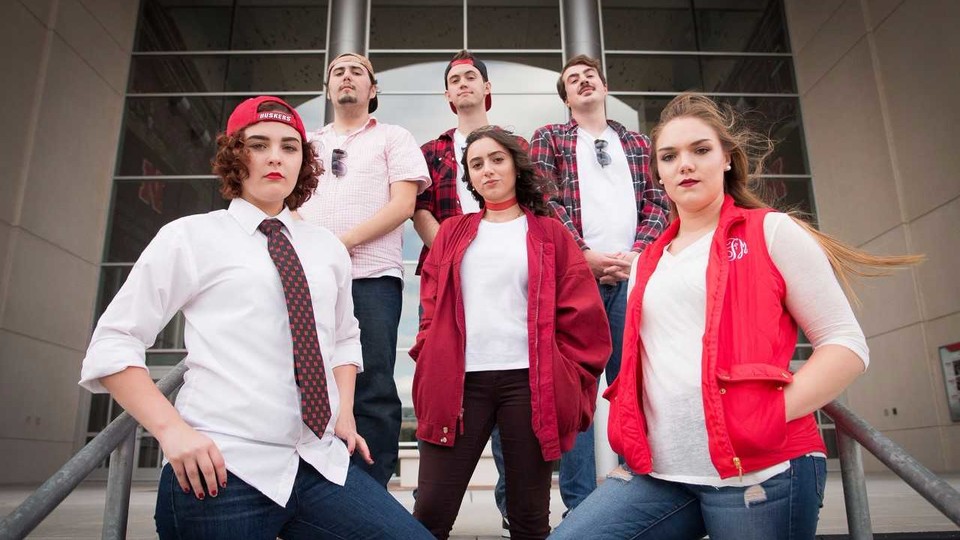 Students featured in “Nebraska: Nice” include (from left) Emilee Munoz, Ricardo Gajardo, Max McCutcheon, Hilda Rey, Luke Morken and Riley Ford. The production continues through Oct. 29.