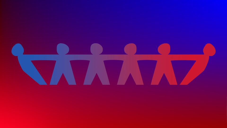 The political spectrum splashes over stick figures on a red to blue gradient background.