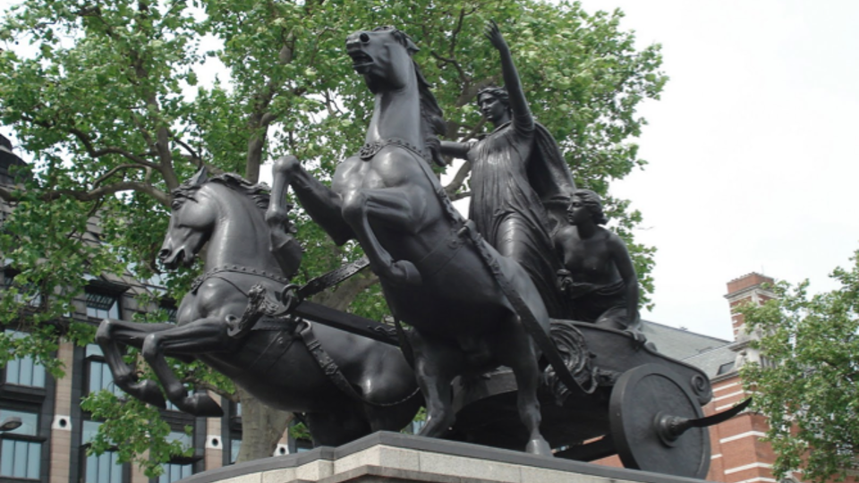 Sculpture of Celtic queen Boudicca and her daughters riding a chariot located outside London's Westminster Abbey.