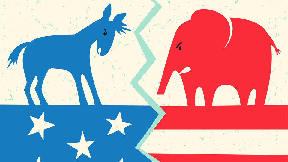 The political symbols of a donkey and elephant are standing, staring off at each other.