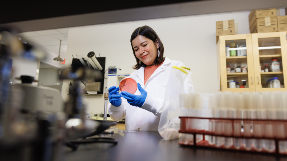carmen cano roca from Guatemala who is finishing her Ph.D. prepares a dish in her lab