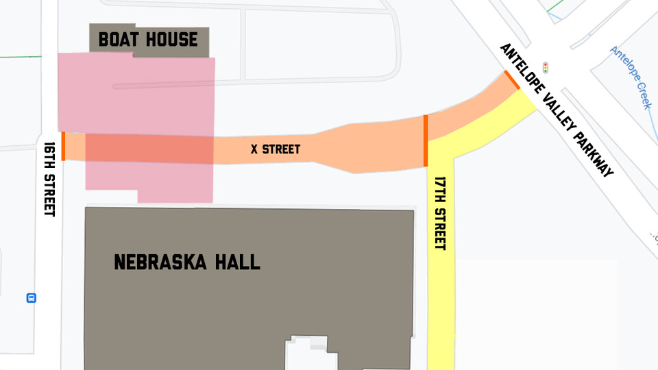 Map outlining steam service construction on X Street between 16th and 17th streets north of Nebraska Hall.