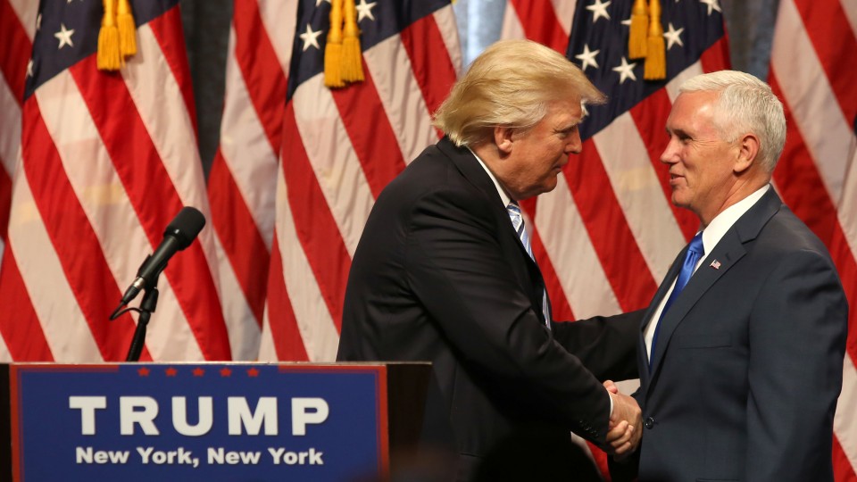 Donald Trump (left) and Mike Pence appear on stage during a July 16 news conference in New York. An Oct. 27 lecture will examine the goals of the Trump/Pence ticket.