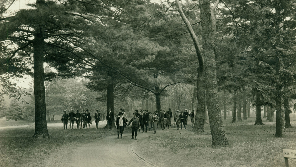 Students walk in the woods during a Seminar Botanical Club event in the early 1920s. Student groups like this club will be examined in the first Archives Afternoons presentation on Jan. 18.