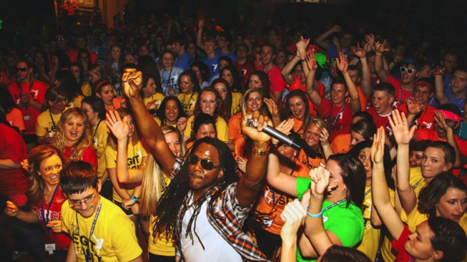 A DJ dances with students during the 2013 UNL Dance Marathon in the Nebraska Union. Due to space limitations, the event is moving to the Campus Recreation Center.