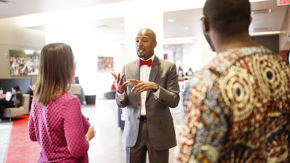  Marco Barker talks with members of the campus community in the Nebraska Union in the days after he started in April 2019 as the university's first vice chancellor for diversity and inclusion.