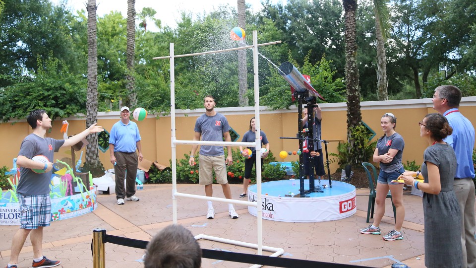 The UNL Fountain Wars team competes in the breach ball high jump competition at the ASABE annual meeting in Orlando, Florida. The team finished first place in the competition.