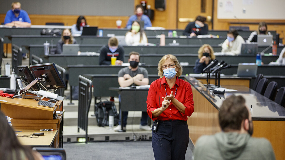Colleen Medill, a professor in the College of Law, leads a lecture in McCollum Hall at the start of the fall 2020 semester. The college has joined other U.S. law schools and the American Bar Association in the formation of the Legal Education Police Practices Consortium.