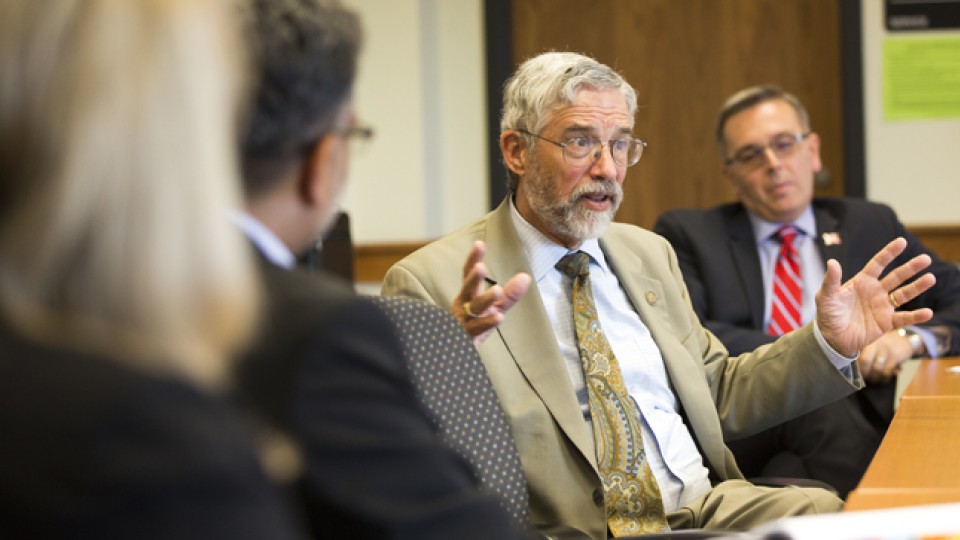 John P. Holdren, the director of the White House Office of Science and Technology Policy and the chief science adviser to President Obama, participates in a May 6 climate roundtable at Hardin Hall. UNL's Ronnie Green is at right.