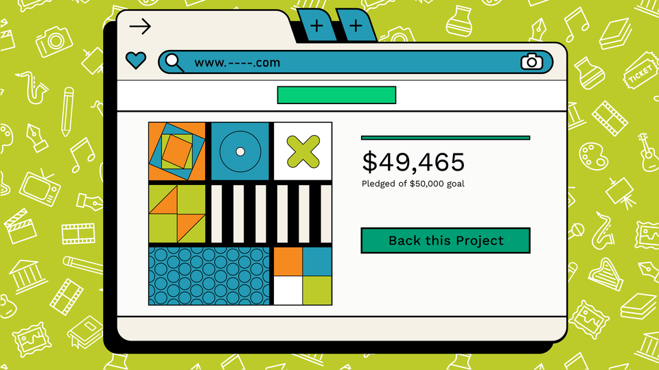 A recreation of a crowdfunding site shows a project nearly funded.
