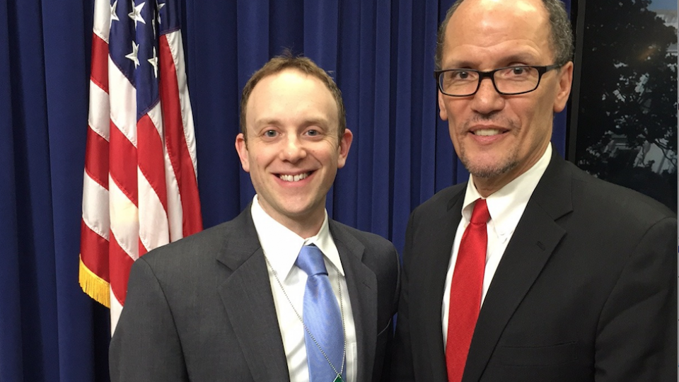 UNL's Ari Kohen with Secretary of Labor Tom Perez during the "White House Social" at the White House on Jan. 20. 