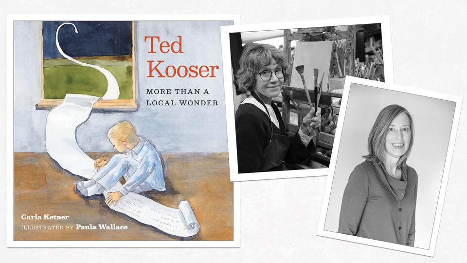 The cover of the book, "Ted Kooser: More than a Local Wonder," is inset with photos of Paula Wallace (center) and Carla Ketner.