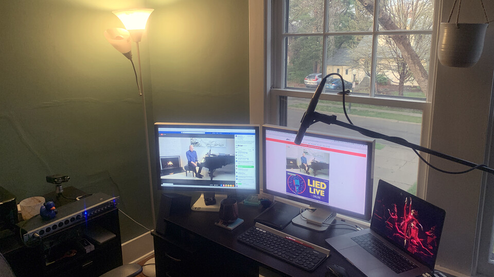 Matthew Boring's home office serves as the broadcast hub for the Lied Center Live performance series. The series has featured a variety of performers, including Paul Barnes, professor of piano (shown above).