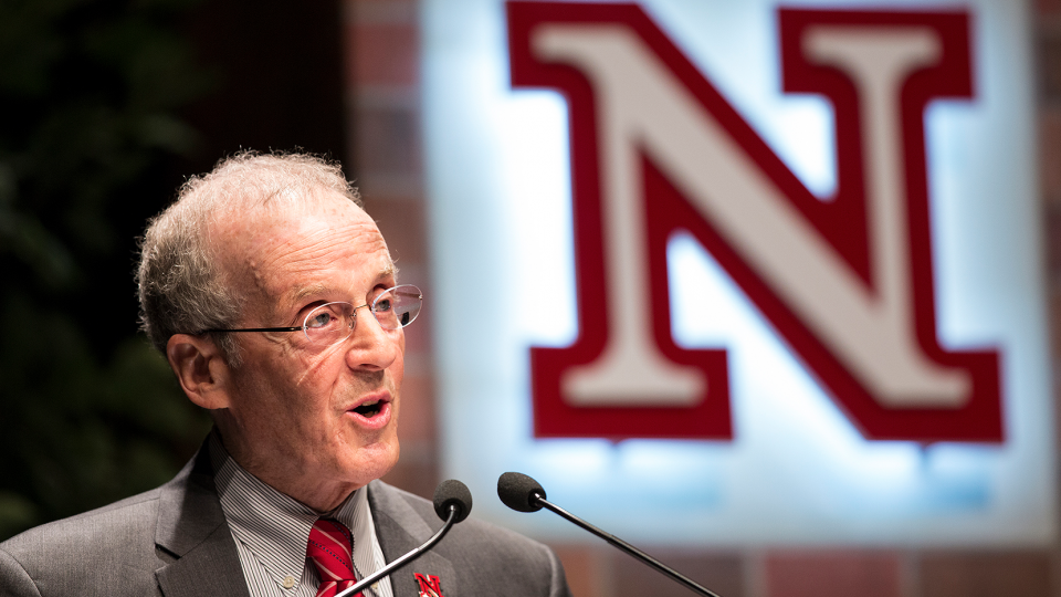 Chancellor Harvey Perlman during the 2014 State of the University address. Perlman announced April 1 that he would step down as chancellor on June 30, 2016.