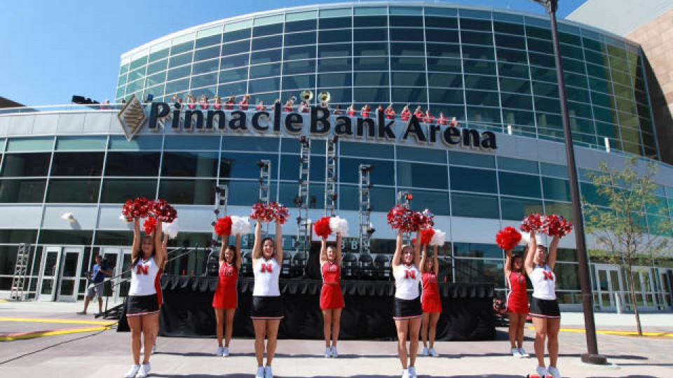 Husker cheerleaders help celebrate the opening of Pinnacle Bank Arena in 2013.