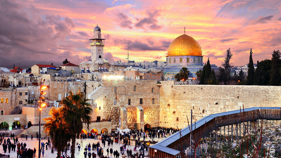Skyline of the Old City at the Wester Wall and Temple Mount in Jerusalem, Israel.