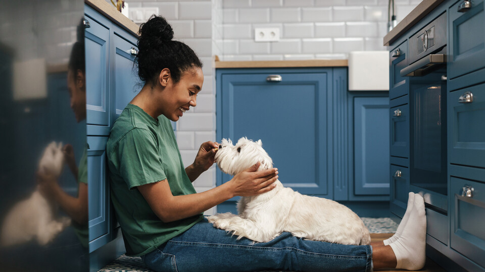 A woman smiles as she plays with her dog in the kitchen