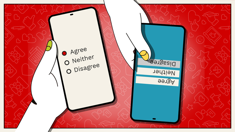 Two hands hold phones, depicting different styles of web survey answer options — wide button and radio button.