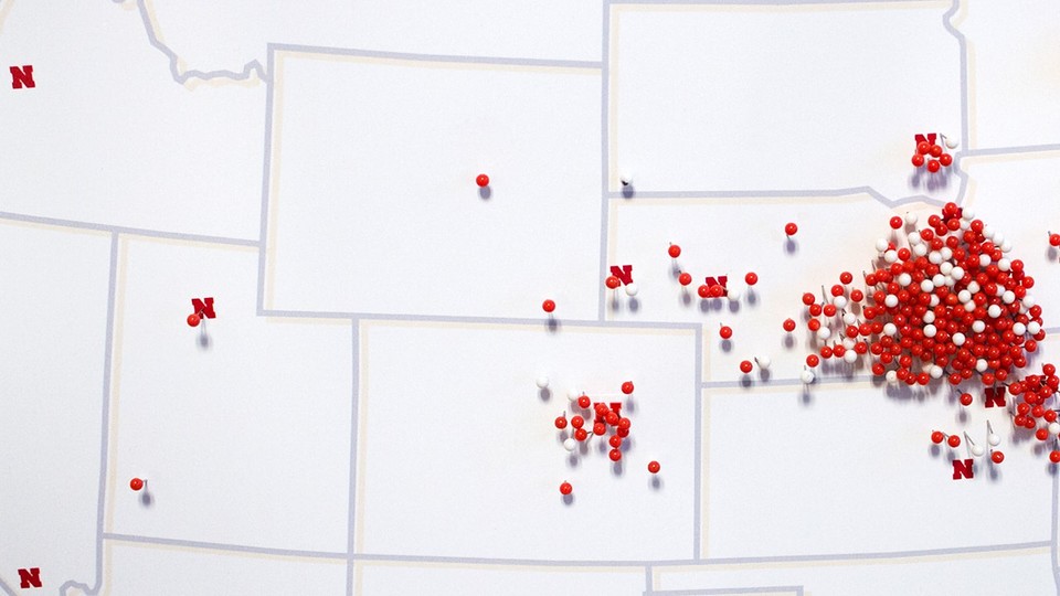 Map showing pins Huskers placed on a map showing where they plan to go after earning a degree in May 2018 commencement exercises.