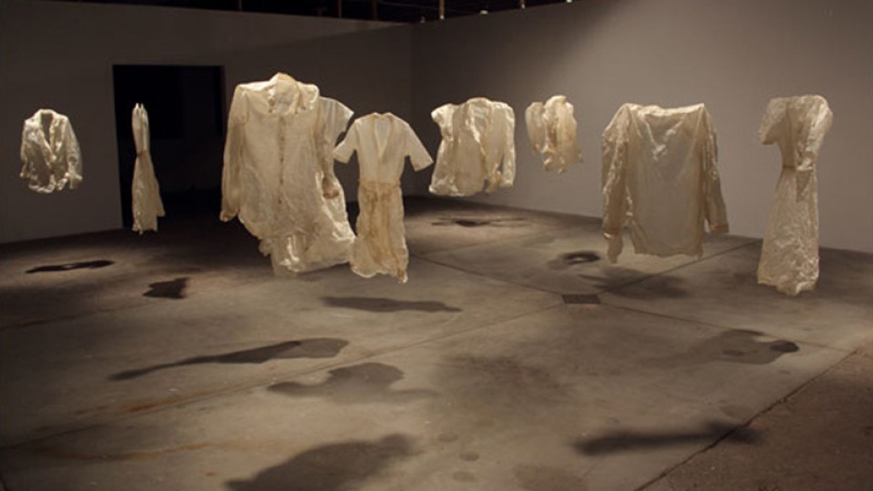 Emma Nishimura, “Vestige:  Navigating the Layers,” paper garments, installation view, 2011.