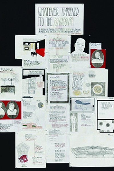 Deb Sokolow, “Whatever happened to the Pentagon (restaurant)?”, graphite, ink, correction fluid, acrylic, collage, type on paper, pins, 5 ft. x 5 ft., 2007.