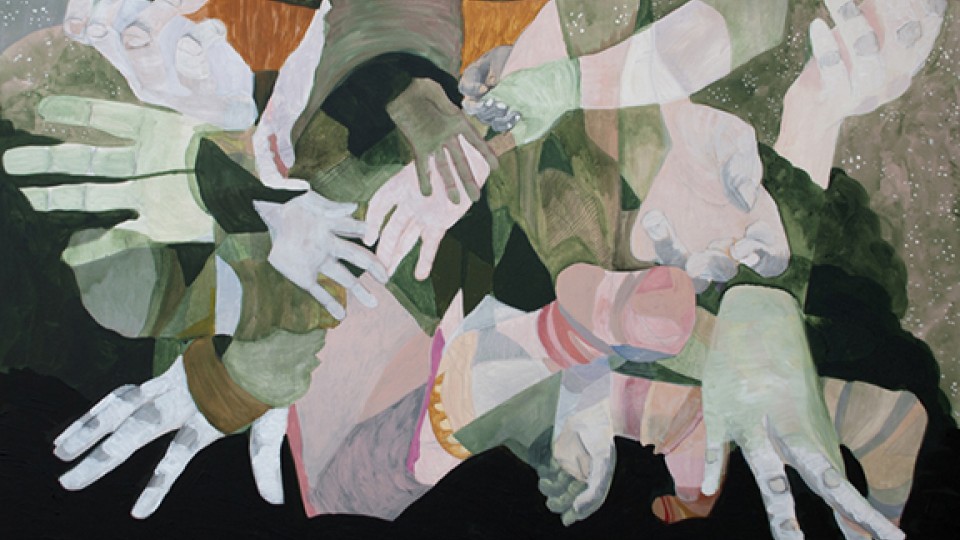 Audrey Stommes, “People Helping People,” acrylic, ink, charcoal and gold leaf on canvas, 36" x 48", 2015.