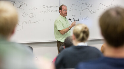 Patrick Dussault, professor of chemistry, leads an organic chemistry lecture. Dussault has earned a three-year National Science Foundation grant to examine new methods of synthesizing ethers.