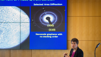 Rhonda Stroud of the Naval Research Laboratory in Washington, D.C., addresses UNL’s fifth annual Conference for Undergraduate Women in Physical Sciences on Oct. 24.