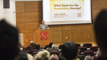 Stephen Behrendt, professor of English, discusses the importance of humanities during the April 16 Nebraska Lecture in the Nebraska Union.