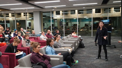 Rebecca Lai, Susan J. Rosowski Associate Professor of Chemistry, gives a SciPop Talks presentation in February 2016. Lai will kick off the 2017 SciPop series on Feb. 1.