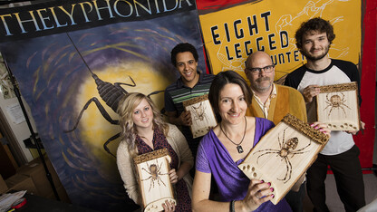 From left: Alissa Anderson, Rowan McGinley, Eileen Hebets, Pawl Tisdale and Colton Watts. With the help of Anderson, McGinley, Watts and other arachnologists, Hebets will present her Eight-Legged Encounters exhibit at the USA Science and Engineering Festival in Washington, D.C. Tisdale, a Lincoln-based artist, created posters and designed materials for the exhibit.