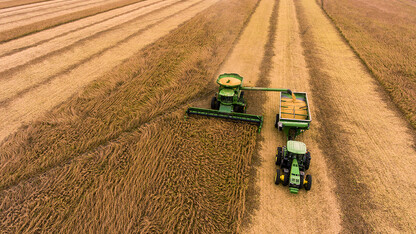 Soybeans are harvested on a farm near Friend.