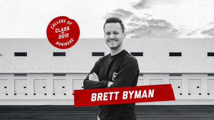 A collage of Brett Byman, College of Business class of 2012, in front of a shipping warehouse