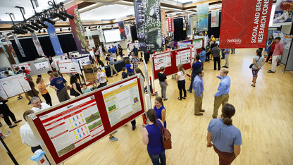 Summer Undergraduate Research Fair poster session in the Nebraska Union Ballroom. August 7, 2018.