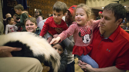 Kids and parents pet a skunk during Wildlife Encounters on March 5.