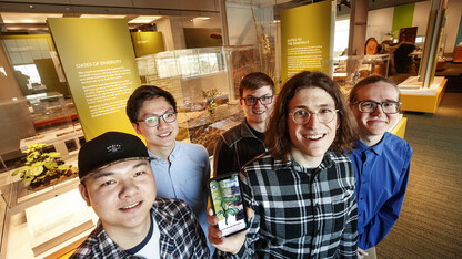 A team of students from computer science and engineering built a virtual reality app to enhance the information at the Nebraska State Museum's new Cherish Nebraska exhibit. The team is comprised of (from left) Ziyuan Ye, JunShen Ban, Brandon Heuttner, Matt Martin, Sasha Tenhumberg.