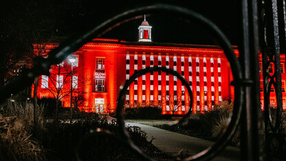 Love Library is illuminated during the 2019 Glow Big Red event. Buildings were not lit up this year to conserve electricity amid the rolling blackouts in the central U.S.