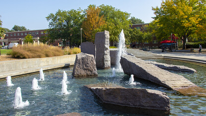 Broyhill Fountain is located in the plaza on the north side of Nebraska Union.