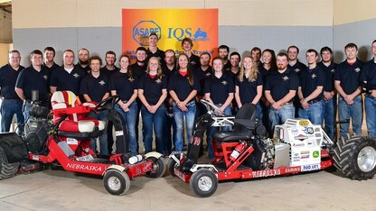 The University of Nebraska-Lincoln Quarter Scale Tractor teams included (from left) Roger Hoy, Jake Walker, Turner Hagen, Jake Will, Eric Rosewicz, Josh Murman, Caleb Lindhorst, Mandy Van Sant, Ian Schuster, Kye Kurkowski (back), Sydney Gard (front), Bob Olsen, Zak Kurkowski (back), Taylor Wachholtz (front), Austin Hines, Anna Siebe, Micah Bolin, Ryan Hanousek, Rachel Noe, Greg Frenzel, Natalie Howery, Dan Kent, Luke Prosser, Travis Classen, Ethan Mosel, Colton Rathman and Jason Shultis. The X-T