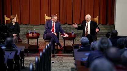 (From left) Darci Vetter, chief agricultural negotiator for the Office of the United States Trade Representative; moderator Ronnie Green, Harlan Vice Chancellor of the Institute of Agriculture and Natural Resources at UNL; and Clayton Yeutter, former U.S. trade representative and U.S. secretary of agriculture, converse during a Heuermann Lecture Jan. 12 at Nebraska Innovation Campus. 