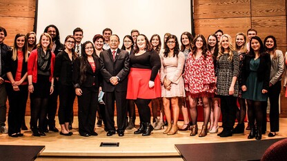 Students named to the fall 2016 Franco's List, pictured with Juan Franco (center, in black suit), include (from left) Dalton Dey, Sara Oleson, Laura Barrow, Elizabeth Boschult, Derrick Gulley, Kelsey Koski, Samuel Jensen, Juana Paramo, Joy "JD" McCown, Levi Gipson, Yoo Jeong Lee, Camden Bilyeu, Stephanie Blair, Laura Springer, Bailey Schulz, Abi Paudel, Carly Burkhardt, Emily Murphy, Carolyn Willis, Dominik Redden, Morgan Mallory, Alexa Burmeister, Colton Harper, Insyira Amin, Jazmin Castillo an