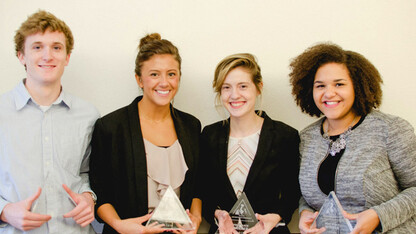 University of Nebraska-Lincoln College of Business Administration seniors Megan Nelson (second from left) and Hannah Paxton (third from left) and University of Nebraska at Omaha students Joe Franco (left) and Elizabeth Stevens (right) took first place in the Yahoo Advertising Knock-Out Challenge Nov. 17-18 at UNO.