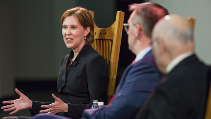 Darci Vetter (left) speaks while Chancellor Ronnie Green (center) and Clayton Yeutter listen during a Heuermann Lecture in January 2016. Vetter has been named diplomat in residence to help launch the Clayton K. Yeutter Institute of International Trade and Finance at Nebraska.