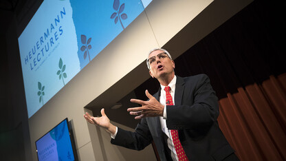 Donnie Smith, former president and CEO of Tyson Foods, speaks about global food security during the Heuermann Lecture Jan. 9 at Nebraska Innovation Campus.