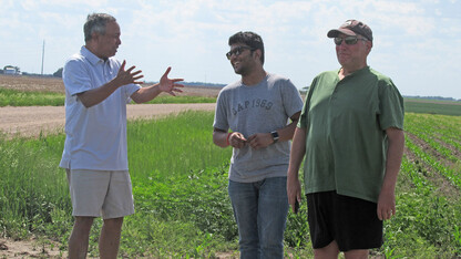 Rezaul Mahmood (left), co-leader of the GRAINEX project, talks with a student and co-leader Eric Rappin (right) of Western Kentucky University.