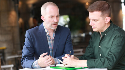 The composer and lyricist team of Thomas Mizer (left) and Curtis Moore, who recently received an Emmy nomination for their work on the Amazon Prime series “The Marvelous Mrs. Maisel,” will be the featured guests on the Lied Center’s Lunch and Learn live video podcast Sept. 1.