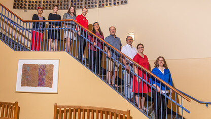 The project team includes (from left) senior personnel Deepika Menon, Tiffany Heng-Moss, Mindi Searls and L.J. McElravy; co-principal investigators Gina Matkin, David Harwood, Dan Claes and Wendy Smith; and principal investigator Elizabeth Lewis.